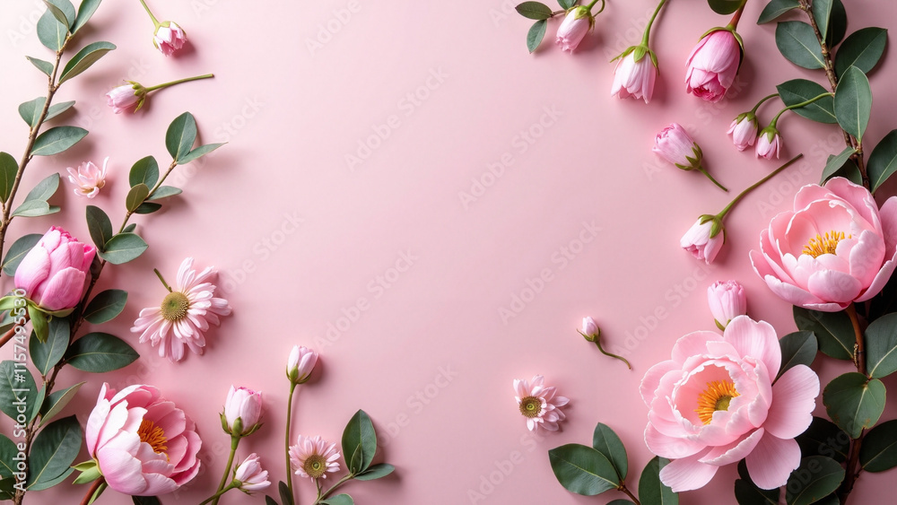 Romantic Pink Floral Flat Lay: Peonies and Cherry Blossoms for Valentine's, Mother's Day, and Women's Day Campaigns Romantic Pink Floral Flat Lay: Peonies and Cherry Blossoms for Valentine's, Mother's Day, and Women's Day Campaigns