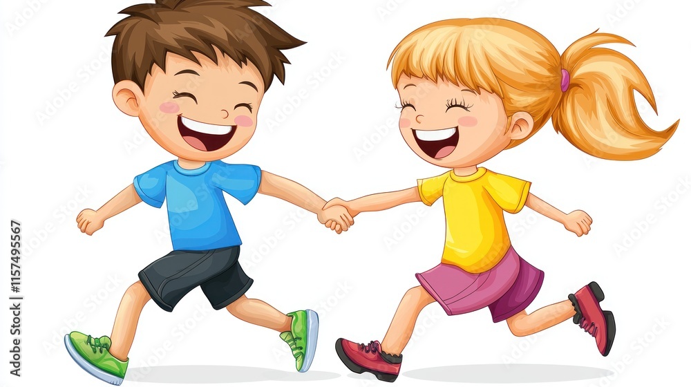 Two children joyfully running and holding hands. Two children joyfully running and holding hands.