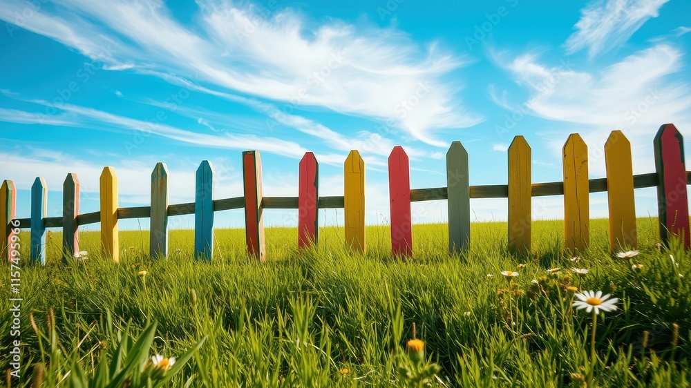 Obraz premium Brightly colored picket fence stands against a vibrant green field and a cheerful blue sky