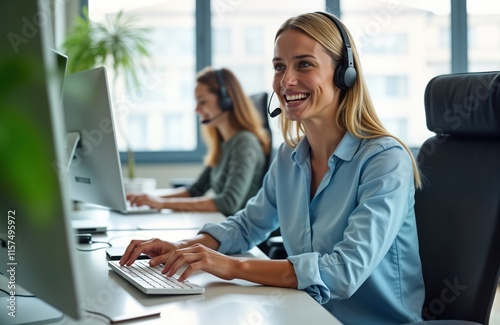 Happy support agent uses tech helpdesk software to answer client tickets. Woman smiles helping clients. Pro support agents work in office. Teamwork provides excellent service. Happy staff essential photo