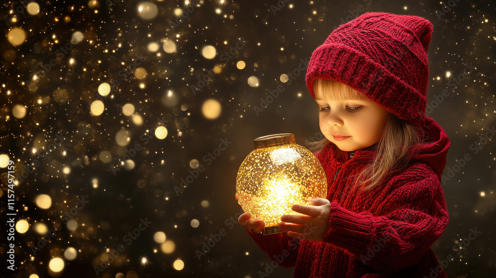 Naklejka premium A child in a red sweater and hat holds a glowing lantern amidst a sparkling background.