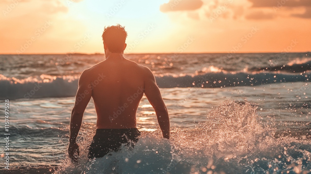Sunset Serenity: Man Bathing in Ocean Waves Sunset Serenity: Man Bathing in Ocean Waves