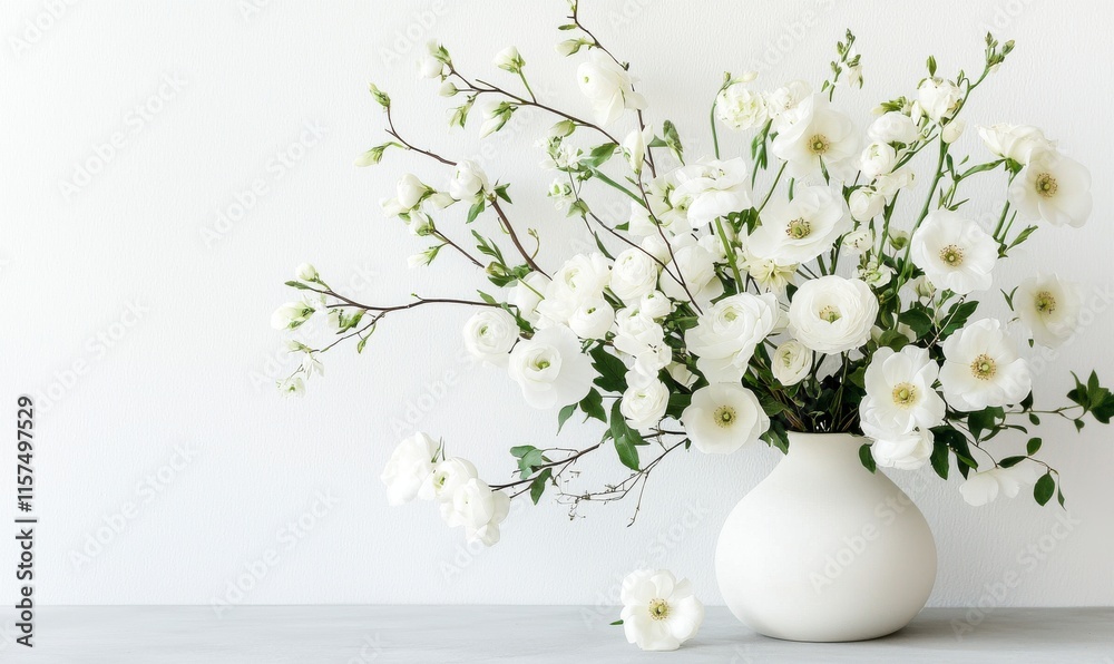 Fototapeta premium Elegant White Flower Arrangement in Minimalist Vase on Light Background