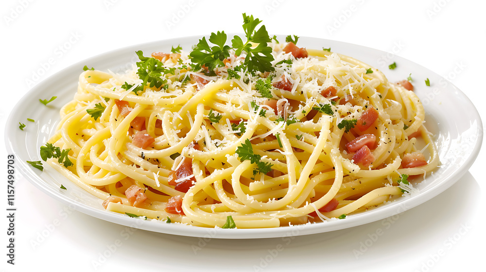 A delicious plate of spaghetti isolated on white background A delicious plate of spaghetti isolated on white background