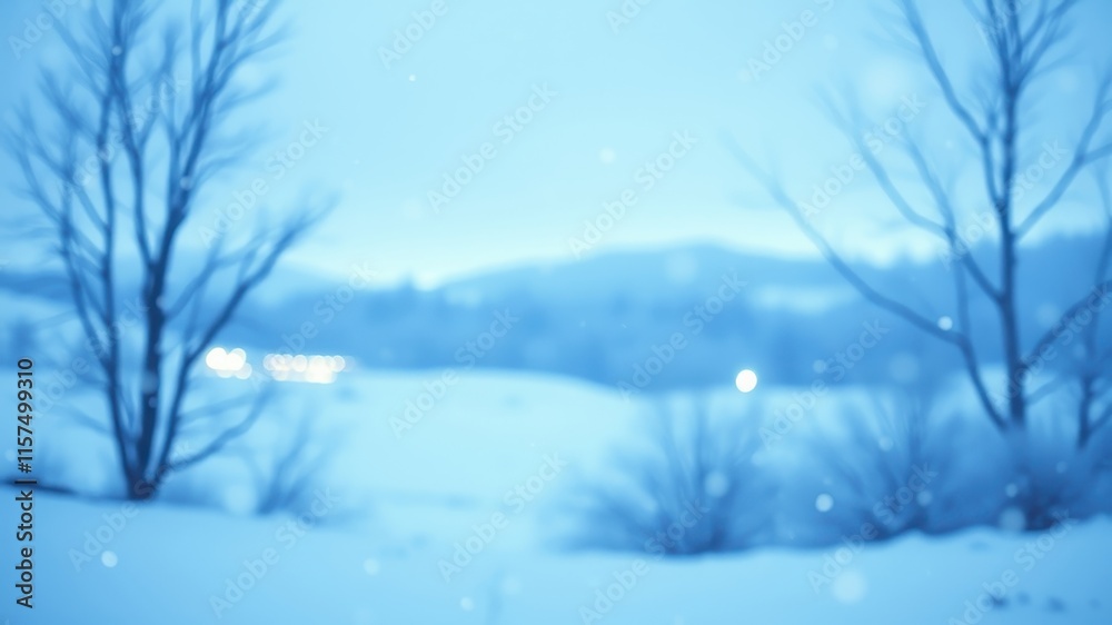 Fototapeta premium Serene Winter Landscape A Soft Focus View of Snow-Covered Ground, Bare Trees, and Distant Lights