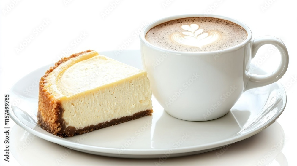 A slice of cheesecake beside a cup of latte on a white plate. A slice of cheesecake beside a cup of latte on a white plate.