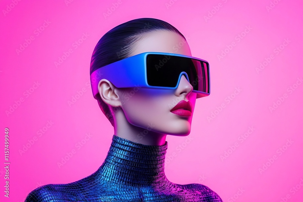 Futuristic Cyborg Woman in Vibrant Neon Studio Portrait with Innovative Tech Fashion Accessories Futuristic Cyborg Woman in Vibrant Neon Studio Portrait with Innovative Tech Fashion Accessories