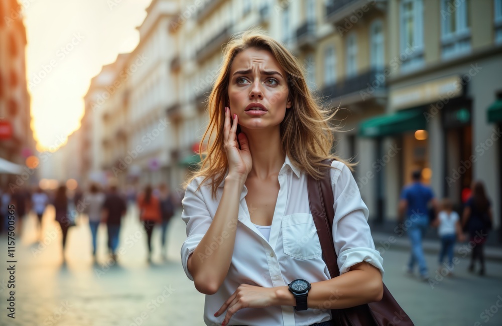 Fototapeta premium Woman checks watch anxiously in city street. Worried about late for work appointment. Urban scene. Busy day. Seems stressed worried. Outdoor setting. Woman looks concerned, hurried. Walks fast.