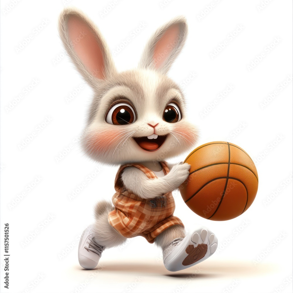 A cute cartoon bunny playing basketball. vector style art 3d illustration Isolated on White Background A cute cartoon bunny playing basketball. vector style art 3d illustration Isolated on White Background