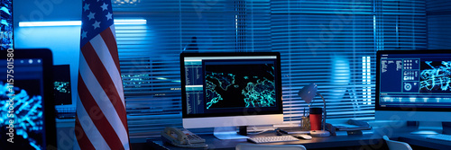 Header of American flag standing in spacious military command center with several workplaces with desktop computers