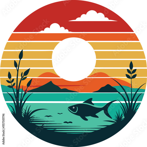 A vintage sunset color night with a full Moon reflect illustration