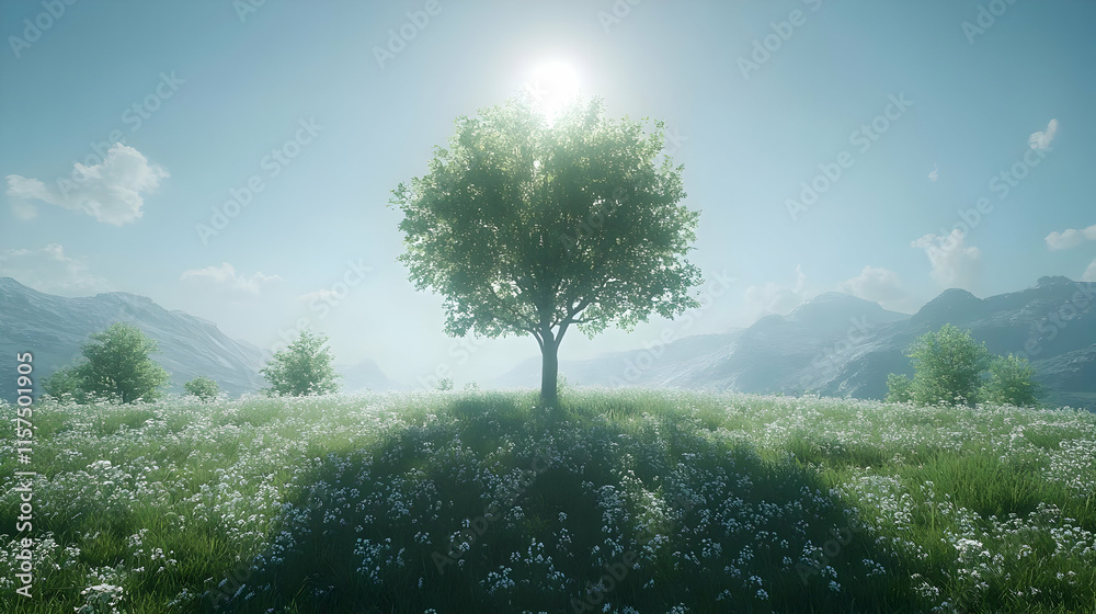 Fototapeta premium Solitary tree on a hilltop meadow, bathed in sunlight, with mountains in the background.