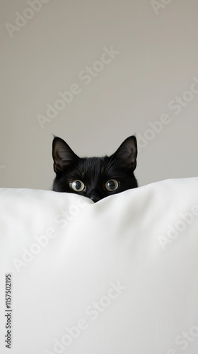 A black cat peeking out from behind a white pillow