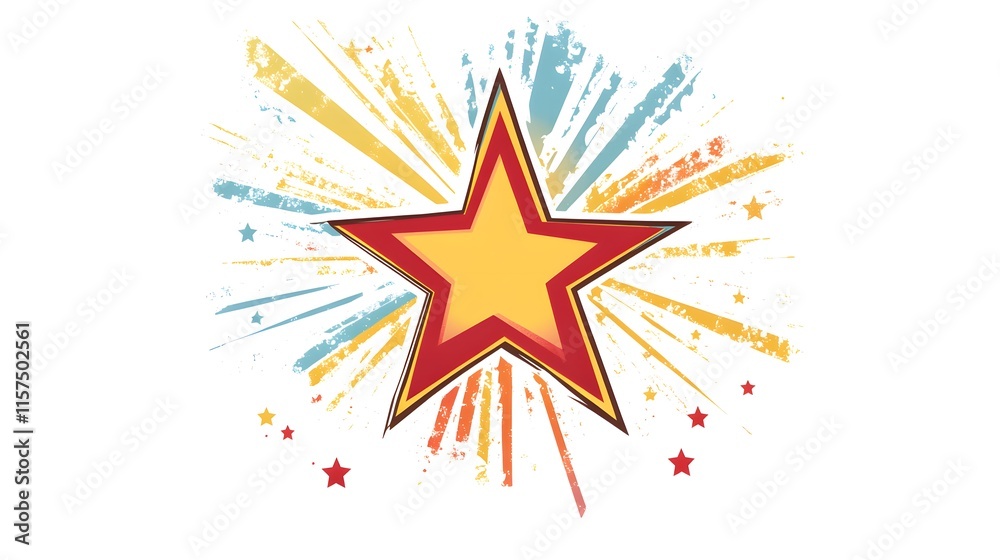 A large red star bursts with colorful rays A large red star bursts with colorful rays