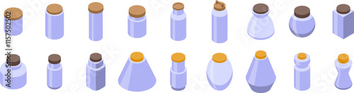 Glass jar wooden cap icons set. Different shapes and sizes of glass jars and bottles with lids, creating a diverse collection for various uses