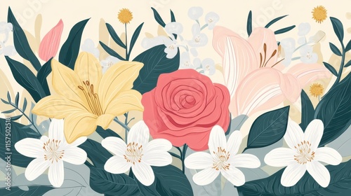 Pastel Floral Arrangement, Delicate Spring Blooms, Soft Hues, Botanical Art