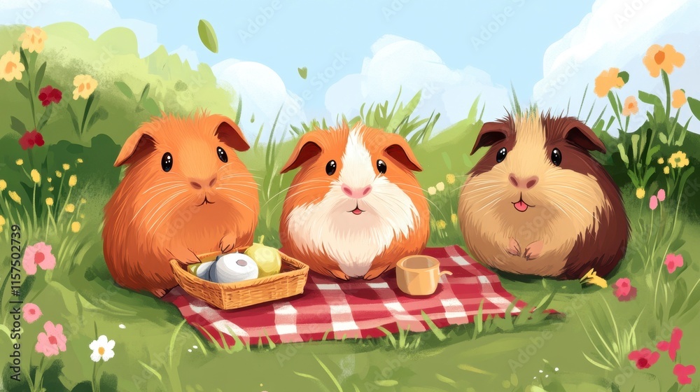 Naklejka premium Three Smiling Guinea Pigs Picnic in Sunny Meadow