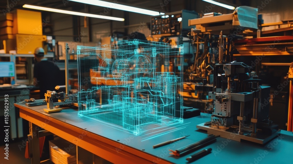 Naklejka premium A factory workers eyes widen as they interact with a floating hologram detailing the assembly steps of a complex product surrounded by tools and equipment on a workbench.