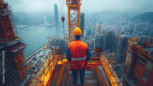 Construction Worker Surveys Cityscape From Crane
