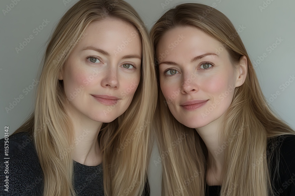 Identical Twins with Radiant Beauty and Blonde Hair in Minimalistic Portrait Identical Twins with Radiant Beauty and Blonde Hair in Minimalistic Portrait