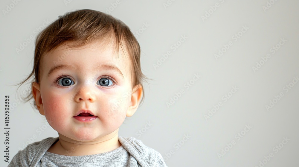 A close-up of a curious baby with big blue eyes, looking at the camera. A close-up of a curious baby with big blue eyes, looking at the camera.