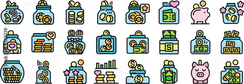 Various colorful icons depicting saving money in jars, piggy banks, and other containers, symbolizing financial growth and security