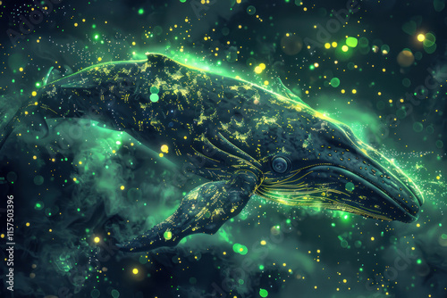 An artistic depiction of a leviathan rising from the ocean depths surrounded by glowing plankton