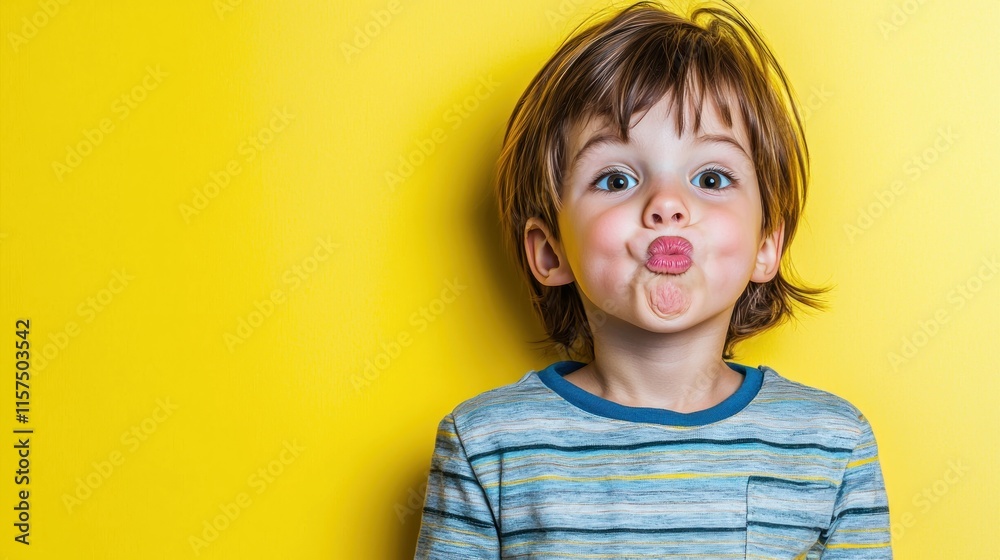 A playful child making a silly face against a bright yellow background. A playful child making a silly face against a bright yellow background.