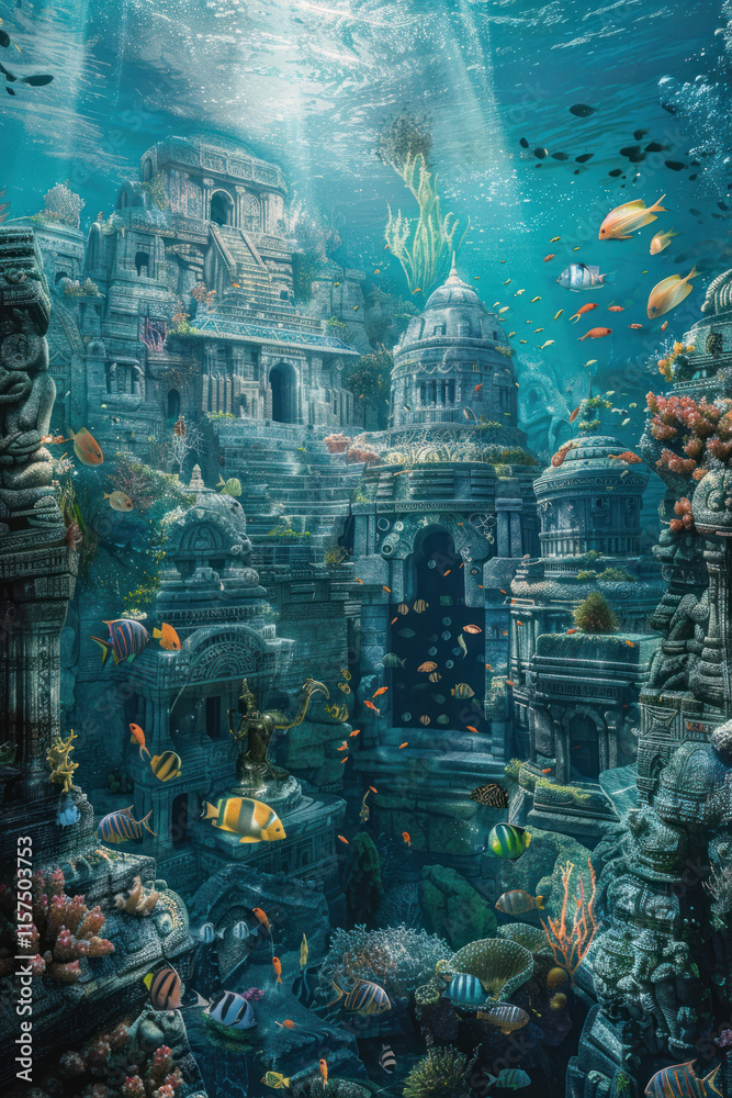 Obraz premium An artistic underwater depiction of an ancient civilization with detailed carvings and vibrant marine life