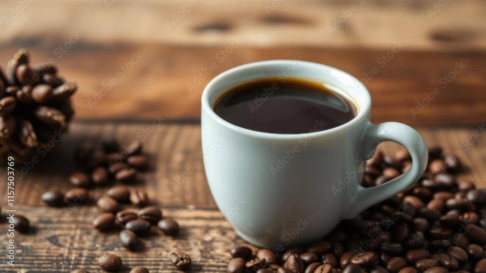 Warm and Inviting Coffee Cup Surrounded by Fresh Coffee Beans on Rustic Wooden Table Perfect for Cozy Morning Vibes or Coffee Shop Atmosphere Warm and Inviting Coffee Cup Surrounded by Fresh Coffee Beans on Rustic Wooden Table Perfect for Cozy Morning Vibes or Coffee Shop Atmosphere