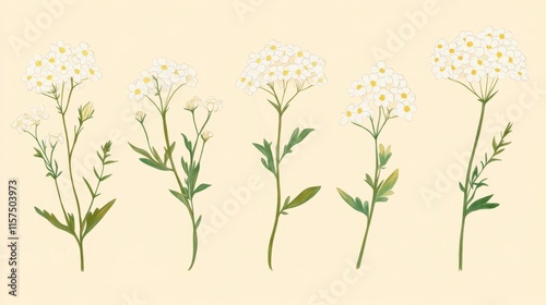 Delicate White Yarrow Flowers Botanical Illustration Set