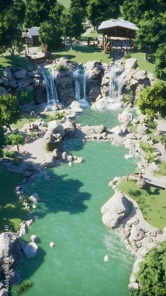 Fototapeta premium 3D Render Peaceful Waterfall Landscape