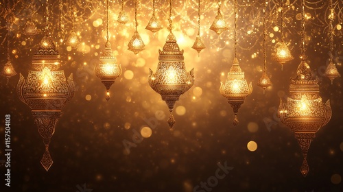 A traditional Thai cultural celebration background featuring intricate golden kanok patterns on a rich silk texture, glowing lanterns softly lighting the scene. photo