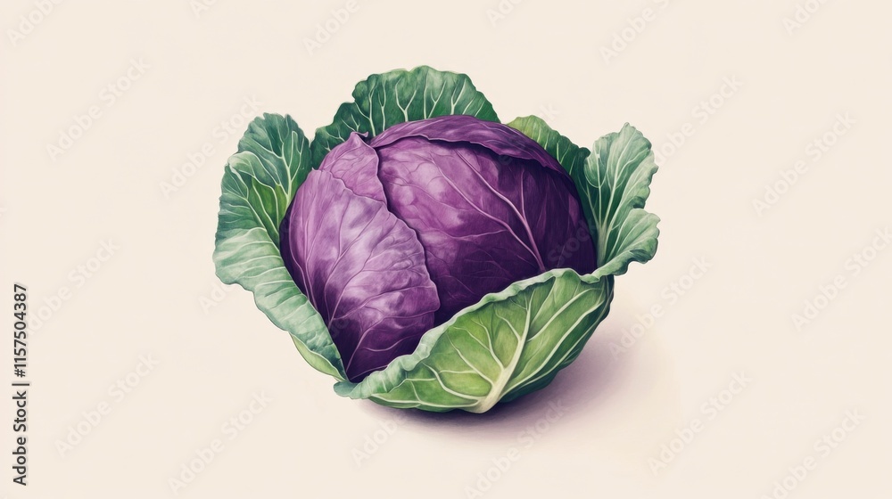 Obraz premium Single Purple Cabbage with Green Leaves on Beige Background