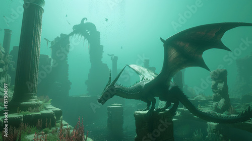 A cinematic underwater adventure featuring mythical dragons swimming through ancient ruins photo