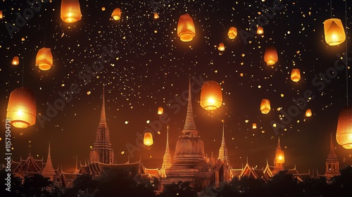 An enchanting Thai cultural festival background featuring golden lanterns floating in a dark brown sky, intricate kanok patterns.