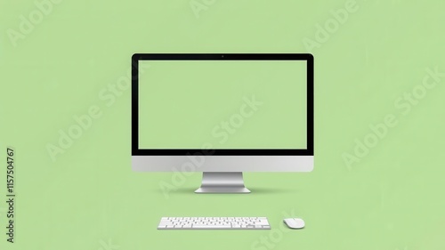 Modern computer setup featuring an empty monitor display on a green background, accompanied by a sleek keyboard and mouse for a minimalist workspace aesthetic