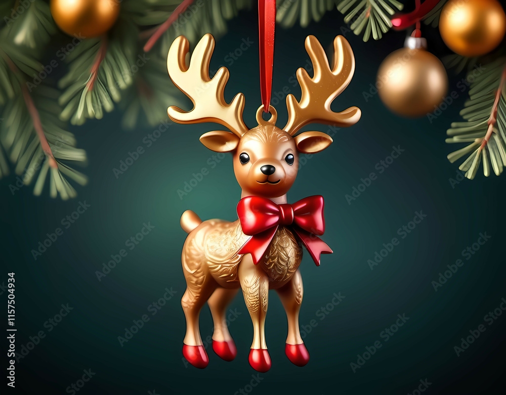 Fototapeta premium A tiny reindeer ornament with golden antlers and a festive red bow. Christmas toys. Generative AI