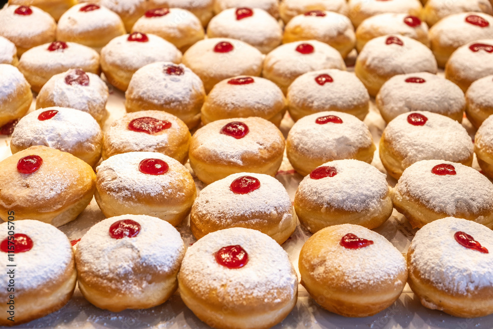 Traditional donuts Sifganiyah for Jewish holiday Hanukkah. Traditional donuts Sifganiyah for Jewish holiday Hanukkah.