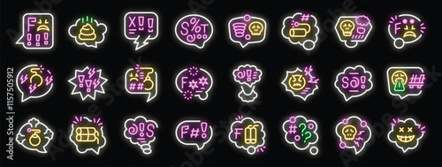 Bright neon purple, white, yellow and green swear words, insults, and curses glowing in speech bubbles on black background