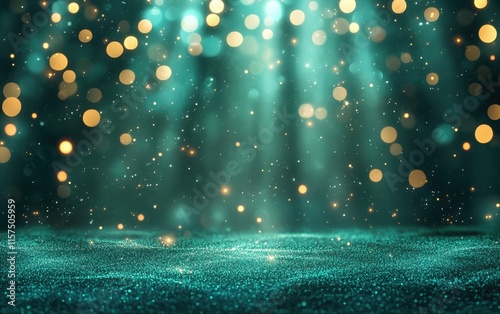Enchanted Teal Glitter Landscape: Magical Bokeh Lights and Sparkling Dust