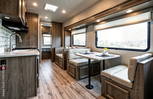 Modern fifth wheel travel trailer interior clean dining area. Spacious room with large picture window offering view. Storage solutions incorporated into design. Kitchen part of layout. Comfortable photo