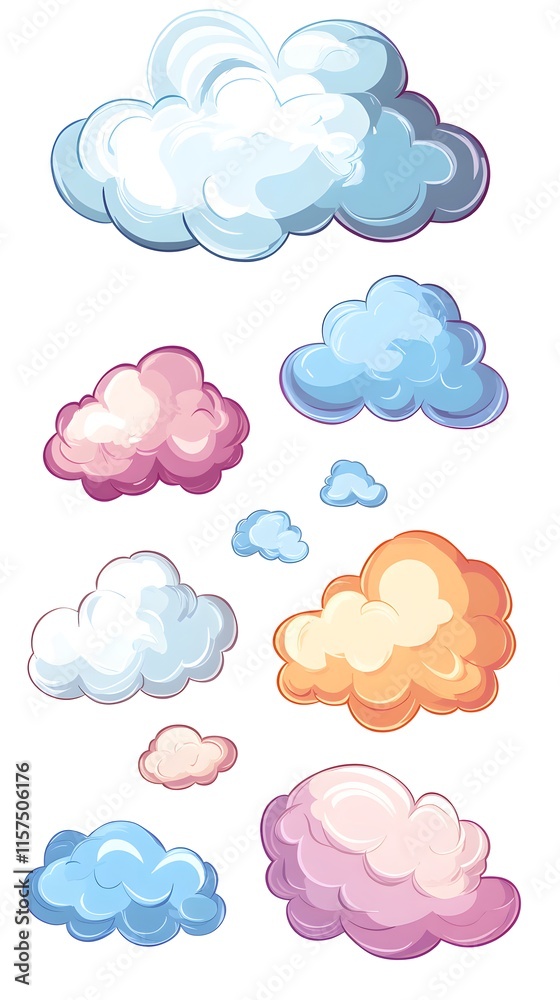 Colorful Cartoon Clouds Floating in a White Sky Colorful Cartoon Clouds Floating in a White Sky
