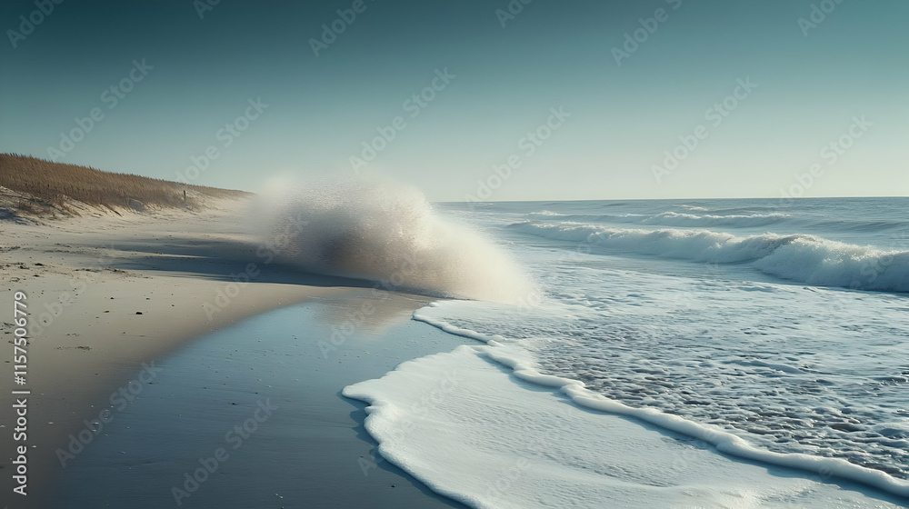 Ocean wave crashing on sandy beach, creating a spray and foam. Ocean wave crashing on sandy beach, creating a spray and foam.