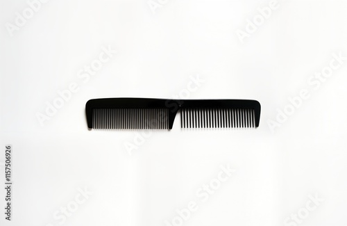 Black barber comb on plain white background. Pro hairdressing tool. Simple styling accessory for salon barbershop. Useful for hair care, style. Suitable for various hair types, looks. Versatile tool