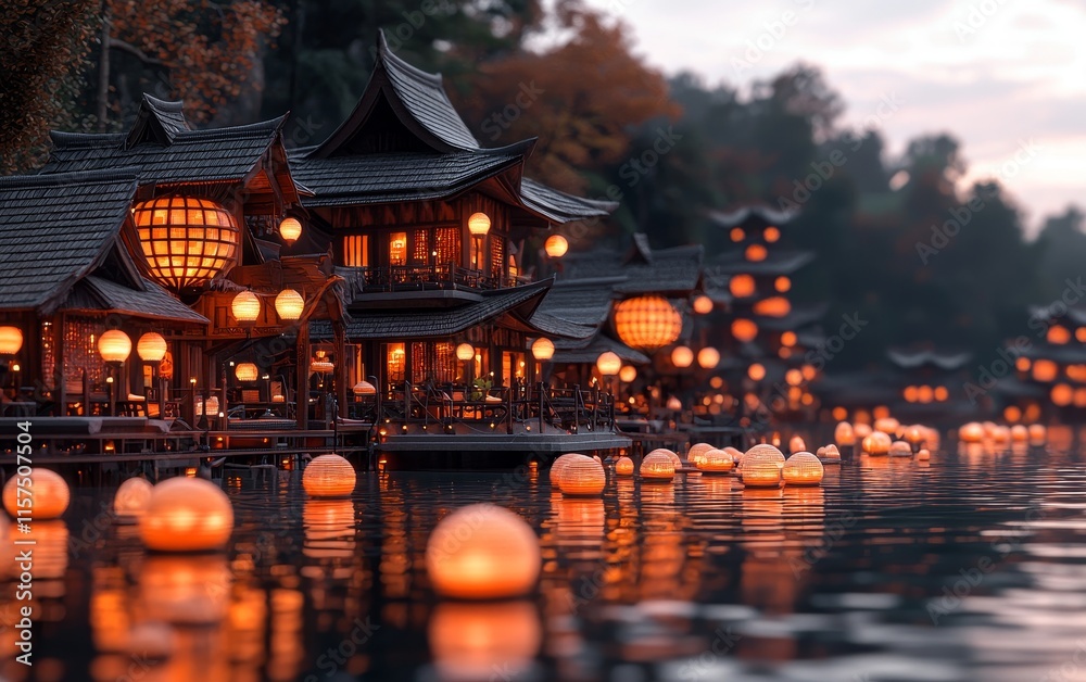 Fototapeta premium Illuminated Asian Architecture Water Lanterns Night Scene