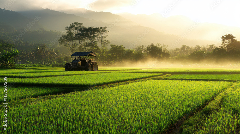 Fototapeta premium A tractor working in lush green rice fields at sunrise, showcasing agricultural life.