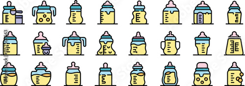 Baby bottles icons set containing various shapes, sizes, and milk levels, representing different feeding stages and milk formula options