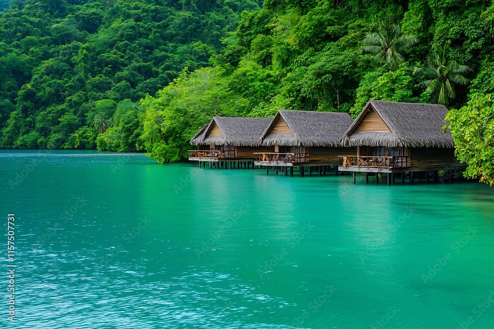 Floating Wooden Bungalows in Lush Tropical Lakeside Jungle Retreat Floating Wooden Bungalows in Lush Tropical Lakeside Jungle Retreat