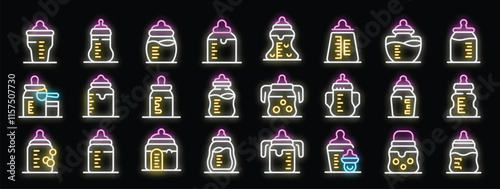 Glowing neon icons of baby bottles highlight various types, feeding stages, and nutritional needs of infants